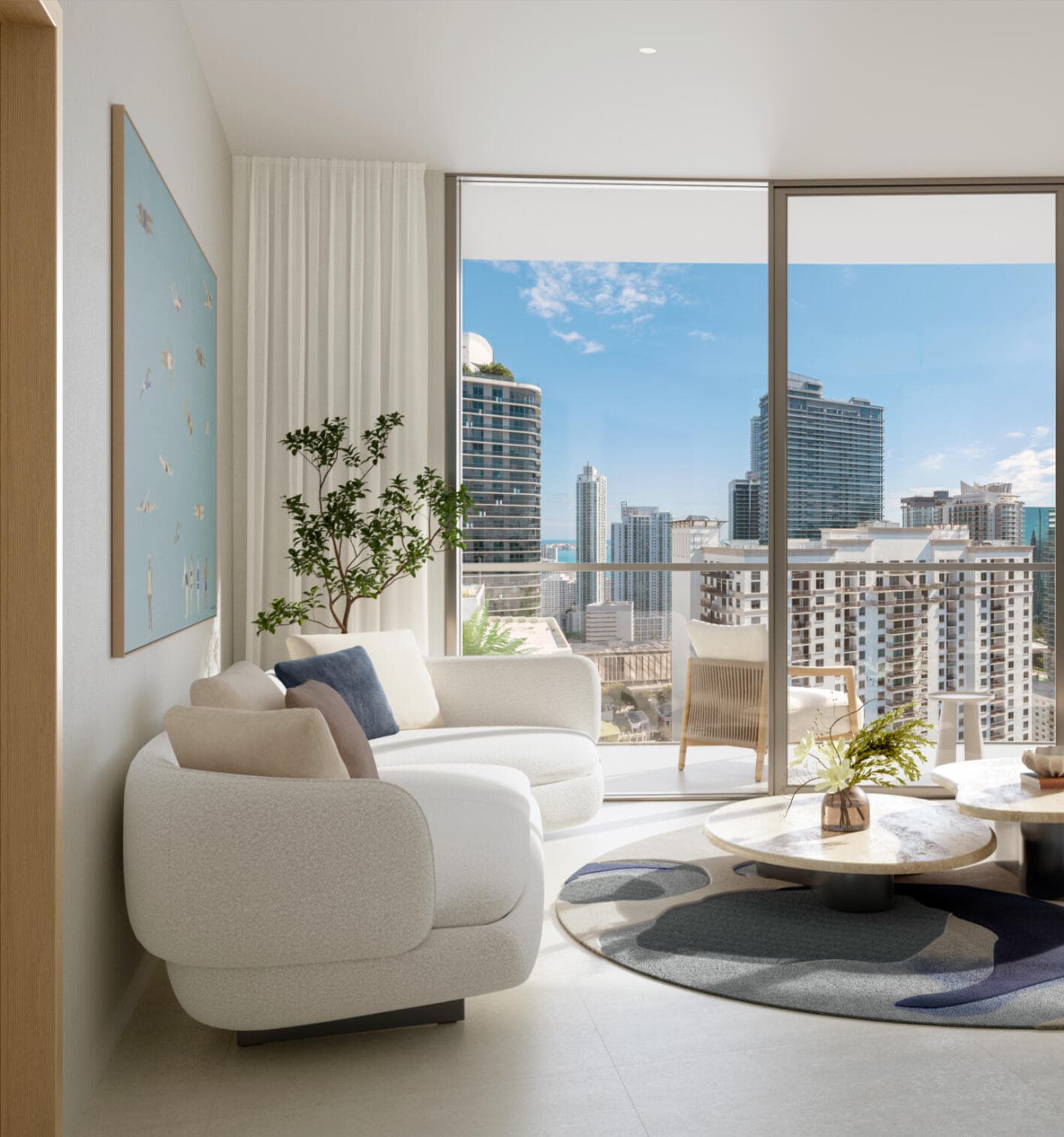 Sala amoblada de una residencia de One Twenty Brickell con vista a la ciudad